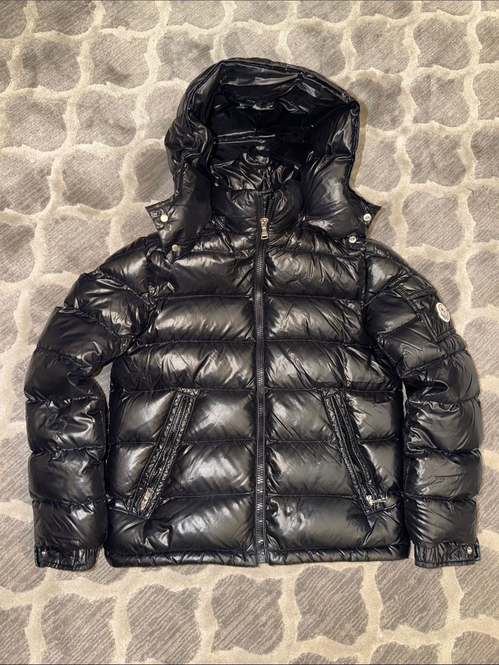 Moncler Men's Shiny Black Hooded Puffer Jacket